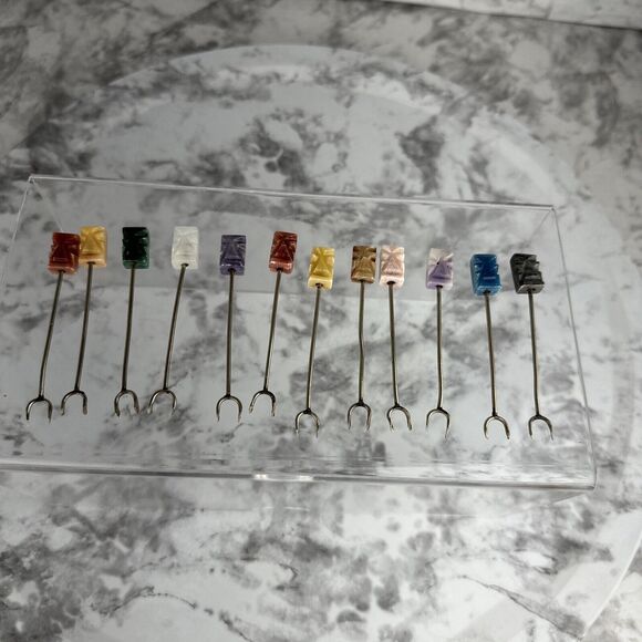 Vintage Tiki Easter Island Cocktail Appetizer Forks Skewer Carved Stone Set 12 - Picture 1 of 8
